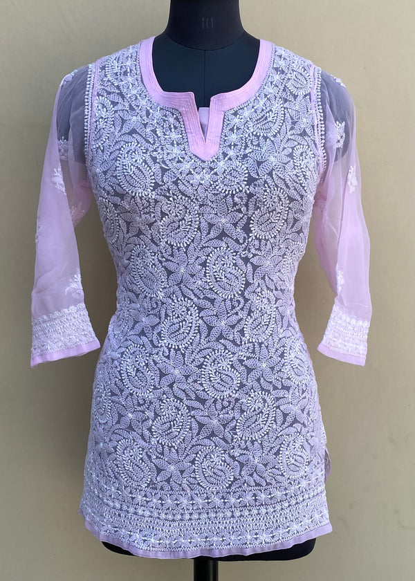 Lucknowi Chikankari Short Kurti Pink Georgette