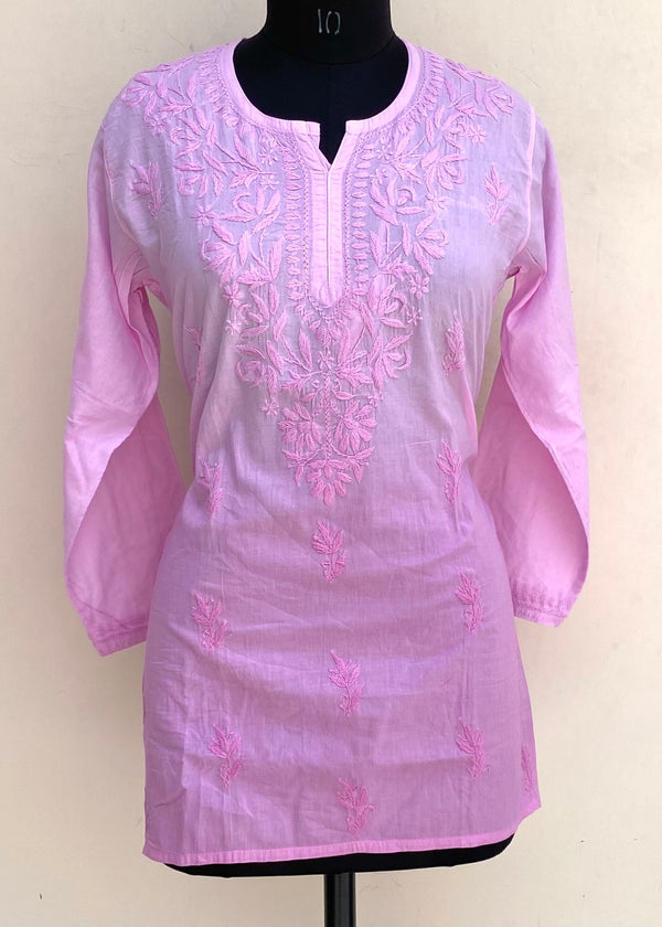 Lucknowi Chikankari Ombre Short Kurti Pink Mulmul Cotton With Self Work