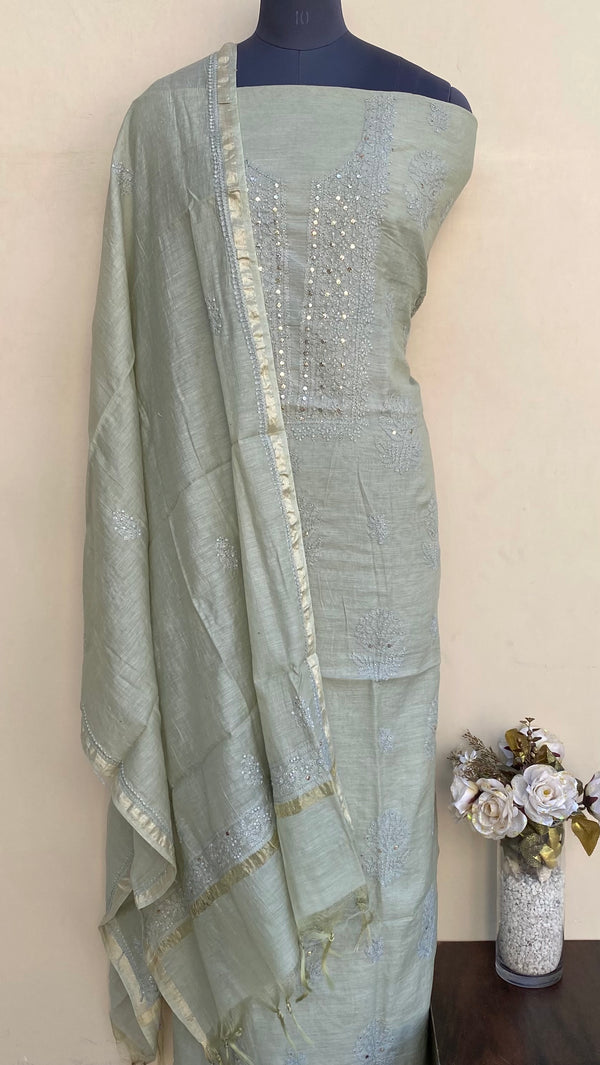 Lucknowi Chikankari Suit Length 2 Piece Green Mal Chanderi With Mukaish Work