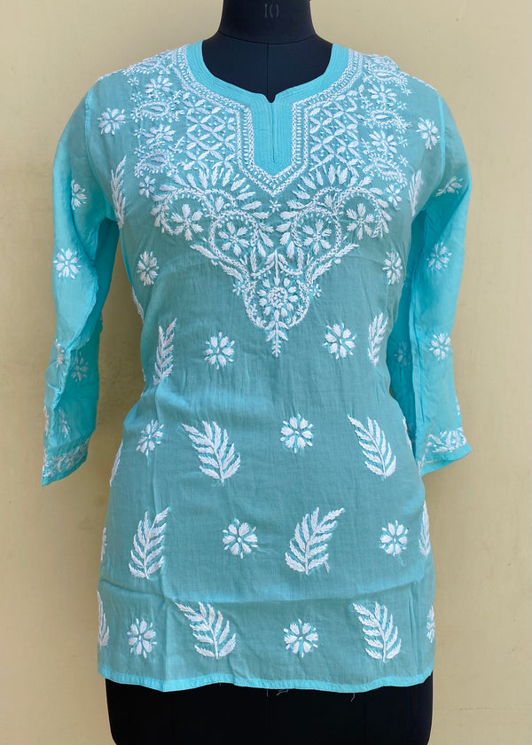 Lucknowi Chikankari Short Kurti Blue Modal Cotton