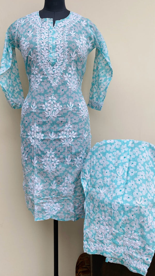 Lucknowi Chikankari Printed Co-ord Set Sea Green Mulmul Cotton