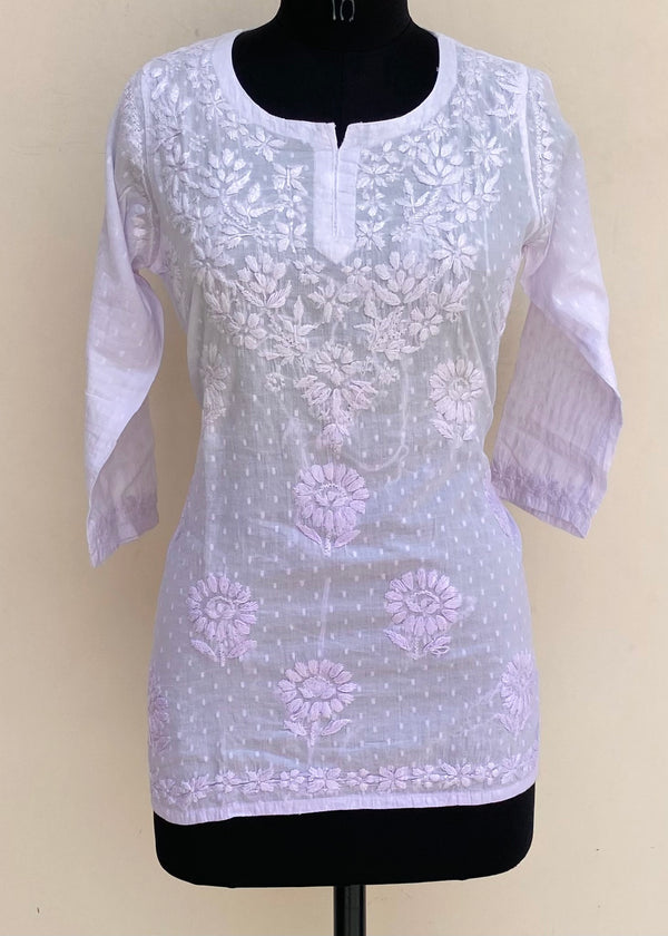 Lucknowi Chikankari Ombre Short Kurti White Mulmul Cotton With Self Work