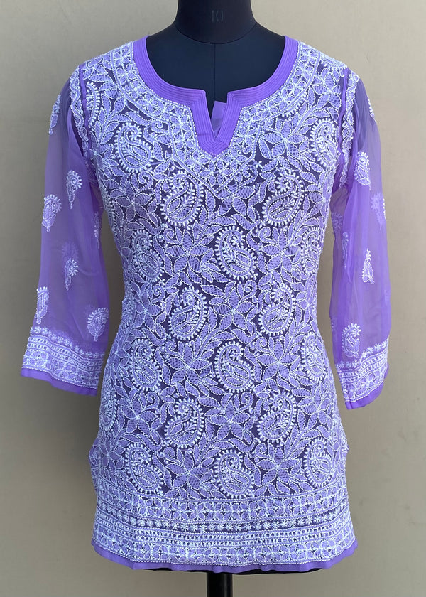 Lucknowi Chikankari Short Kurti Purple Georgette