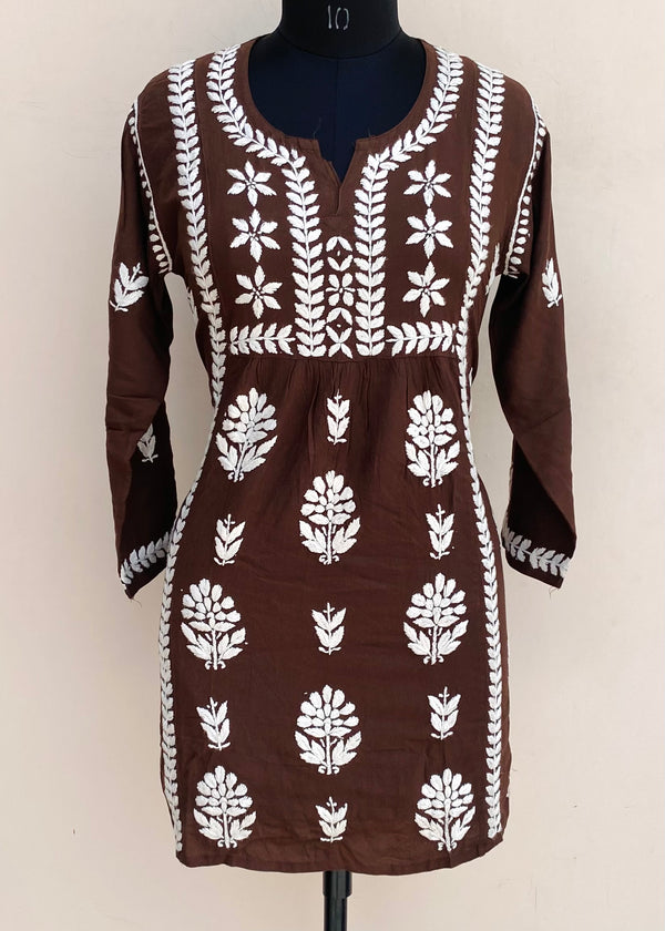 Lucknowi Chikankari Short Kurti Brown Modal Cotton