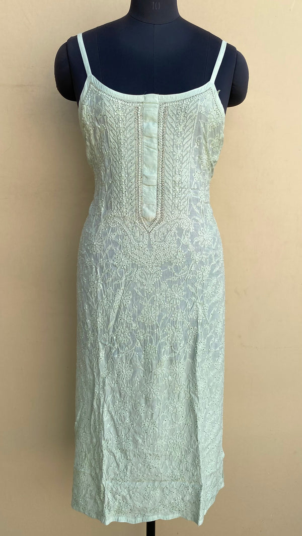 Lucknowi ChikanKari Ombre Noodle Strap Kurti Pista Green Muslin Cotton With Mukaish & Resham Work