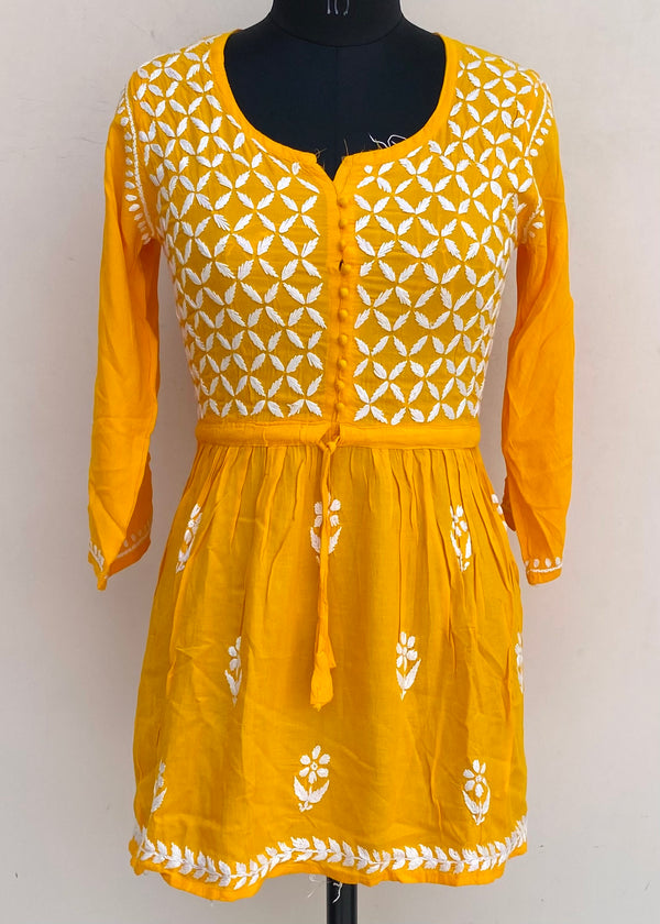 Lucknowi Chikankari Short Kurti Yellow Modal Cotton