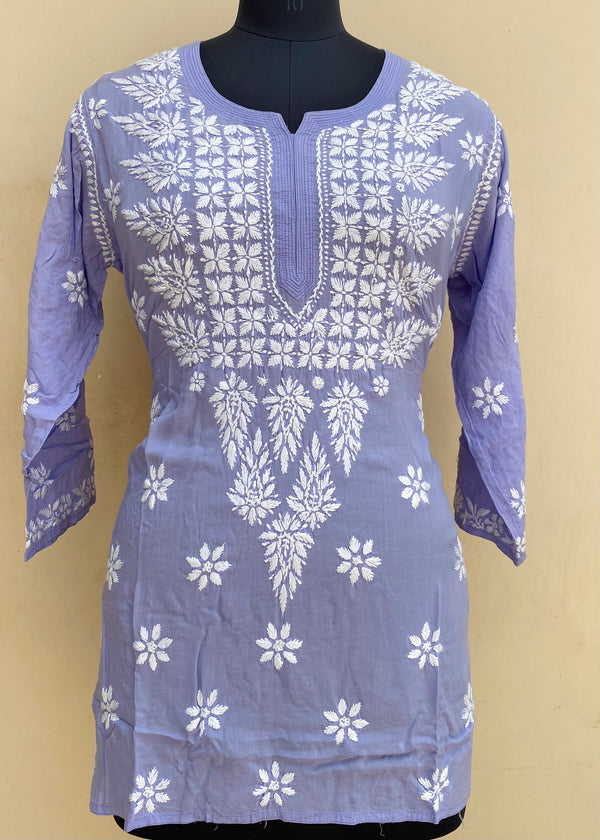 Lucknowi Chikankari Short Kurti Purple Modal Cotton