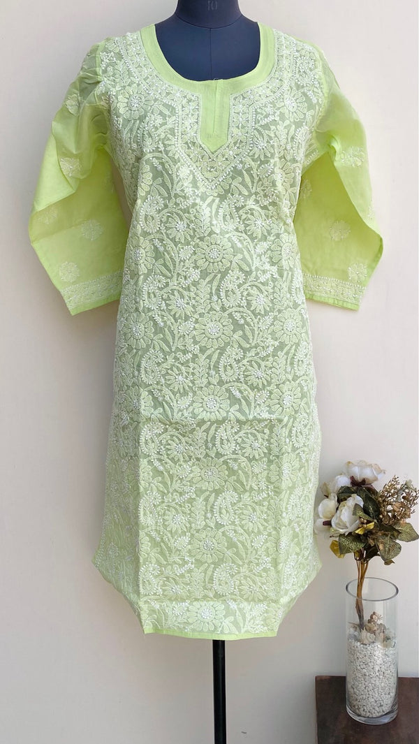 Lucknowi Chikankari Kurti Parrot Green Cotton