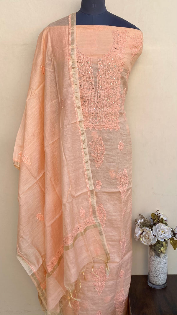 Lucknowi Chikankari Suit Length 2 Piece Peach Mal Chanderi With Mukaish Work