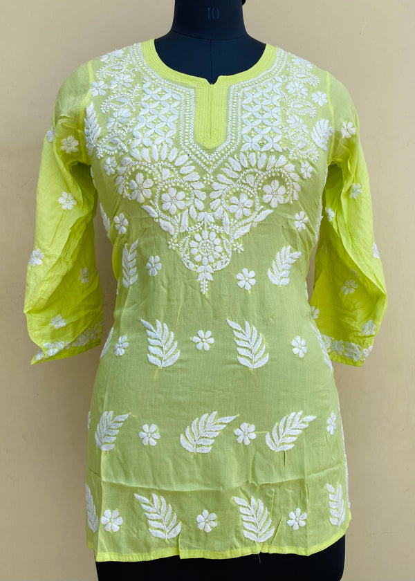 Lucknowi Chikankari Short Kurti Lemon Yellow Modal Cotton