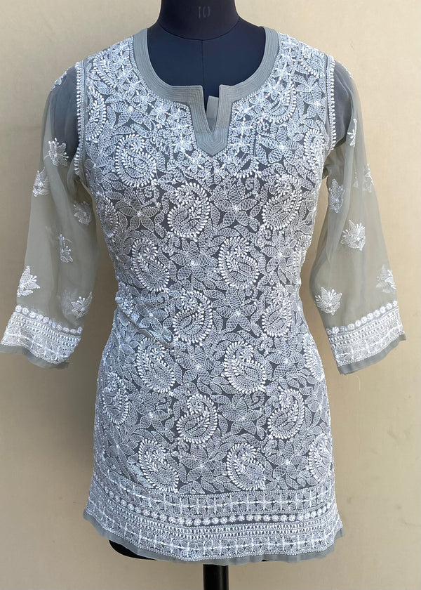 Lucknowi Chikankari Short Kurti Gray Georgette