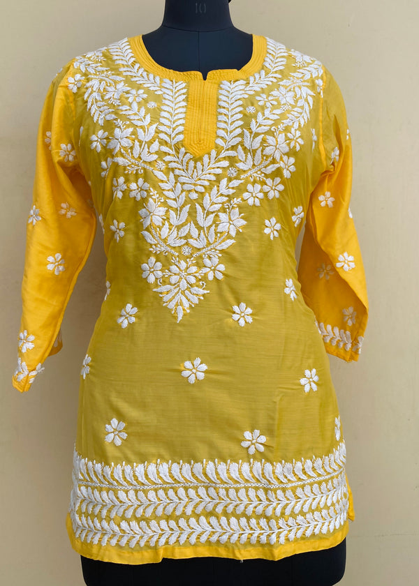 Lucknowi Chikankari Short Kurti Yellow Modal Cotton