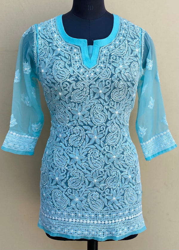 Lucknowi Chikankari Short Kurti Blue Georgette