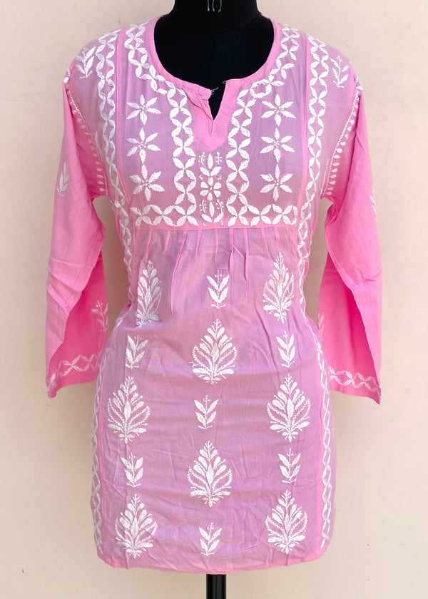 Lucknowi Chikankari Short Kurti Pink Modal Cotton