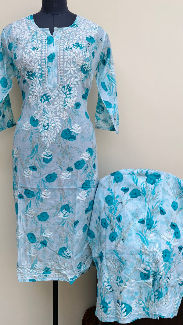 Lucknowi Chikankari Printed Co-ord Set Blue Mulmul Cotton