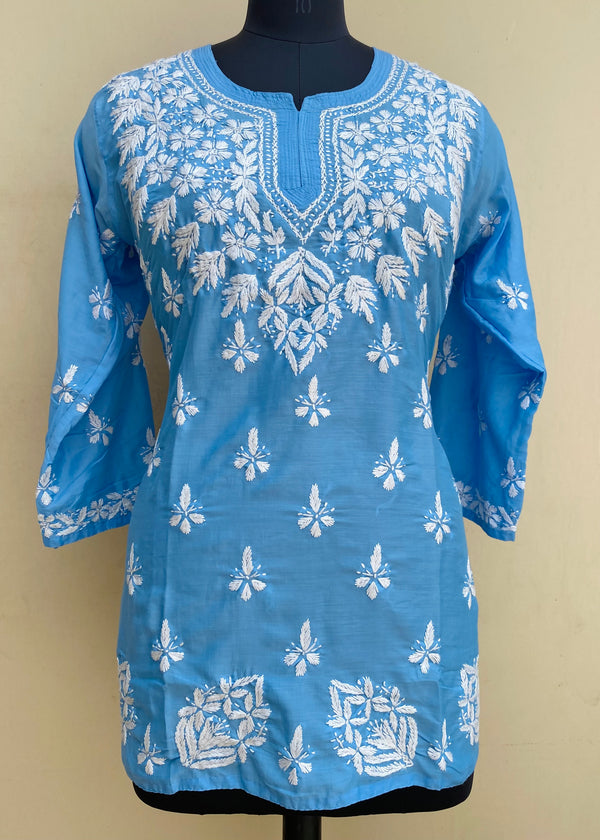 Lucknowi Chikankari Short Kurti Blue Modal Cotton