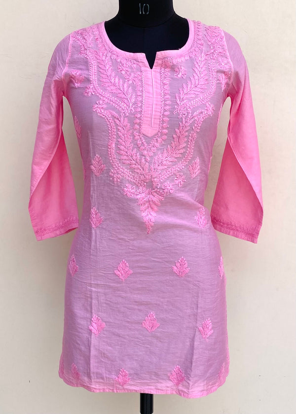 Lucknowi Chikankari Short Kurti Pink Mal Chanderi With Self Work