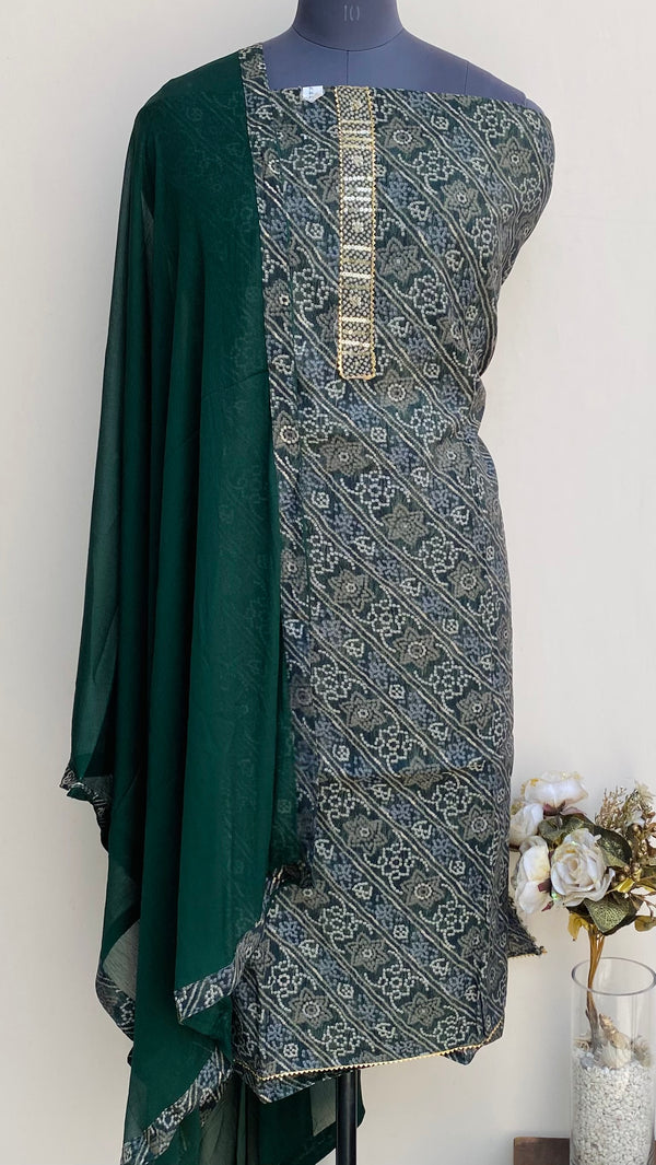 Designer Embroidered Suit Length 3 Piece Bottle Green Muslin Cotton With Sequence Work