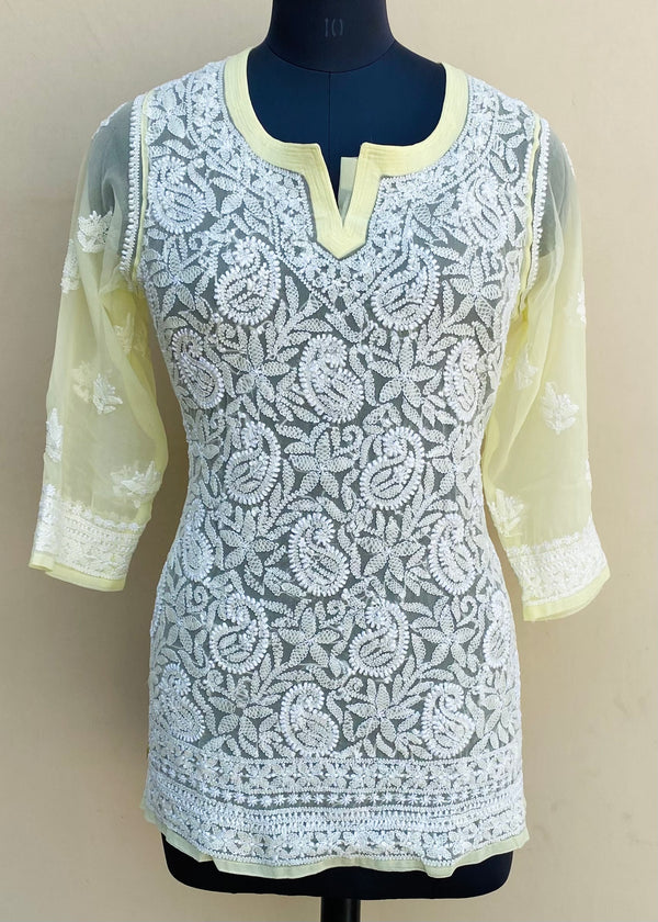 Lucknowi Chikankari Short Kurti Lemon Yellow Georgette