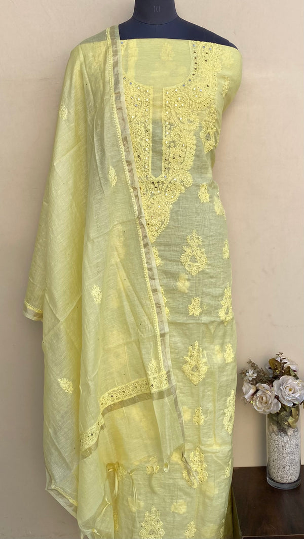 Lucknowi Chikankari Suit Length 2 Piece Yellow Mal Chanderi With Mukaish Work