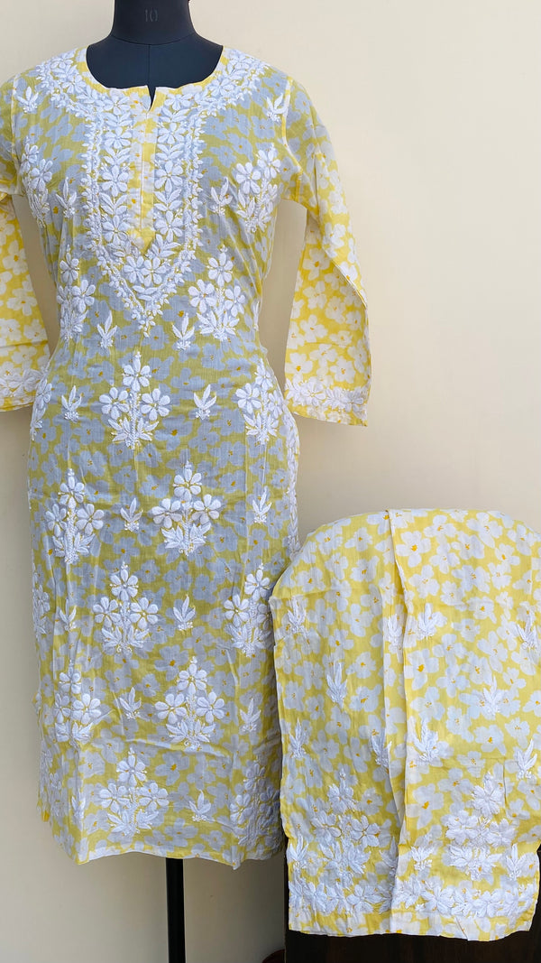 Lucknowi Chikankari Printed Co-ord Set Yellow Mulmul Cotton