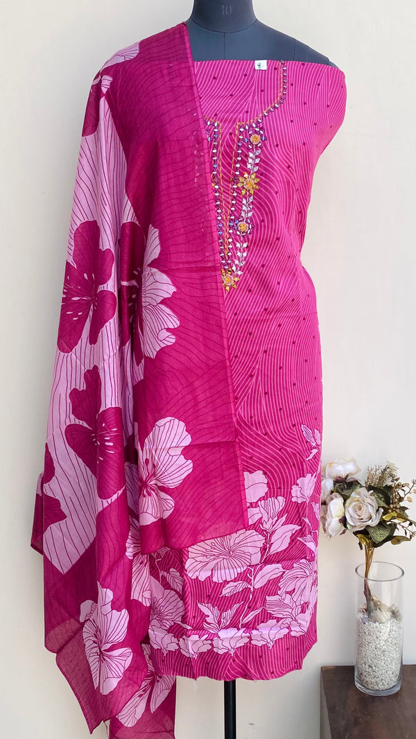 Designer Embroidered Suit Length 3 Piece Pink Muslin Cotton With Mirror Work