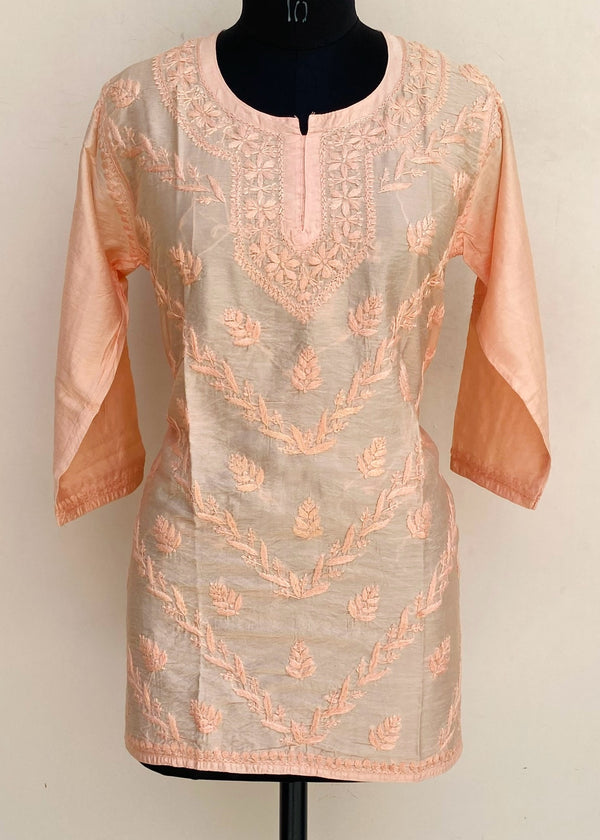 Lucknowi Chikankari Short Kurti Peach Mal Chanderi With Self Work