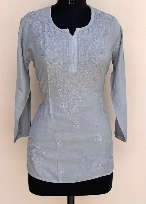 Lucknowi Chikankari Short Kurti Gray Muslin Cotton With Self Work