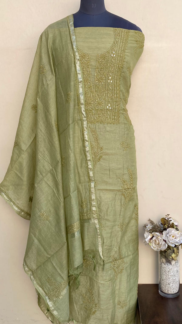 Lucknowi Chikankari Suit Length 2 Piece Green Mal Chanderi With Mukaish Work