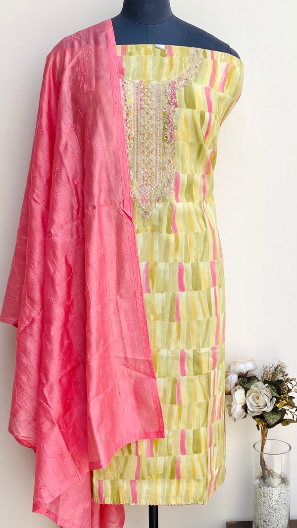 Designer Embroidered Suit Length 3 Piece Yellow Muslin Cotton With Sequence Work