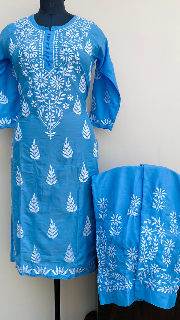 Lucknowi Chikankari Co-ord Set Blue Muslin Cotton