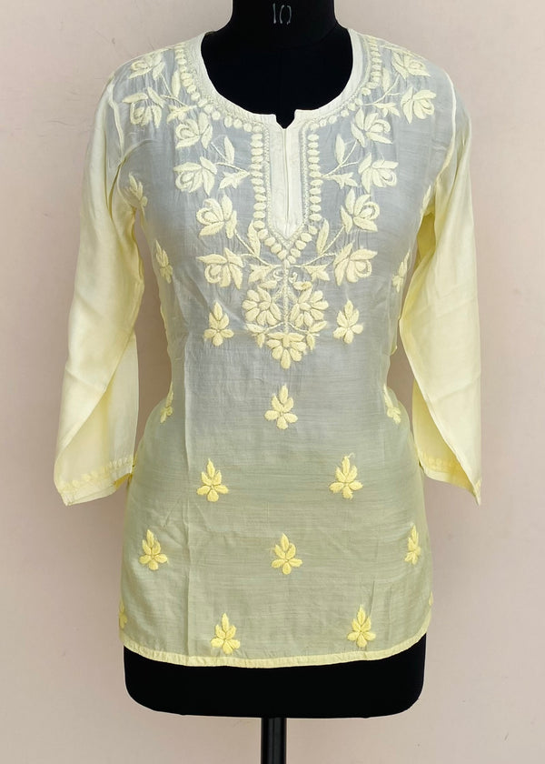 Lucknowi Chikankari Ombre Short Kurti Lemon Yellow Muslin Cotton With Self Work