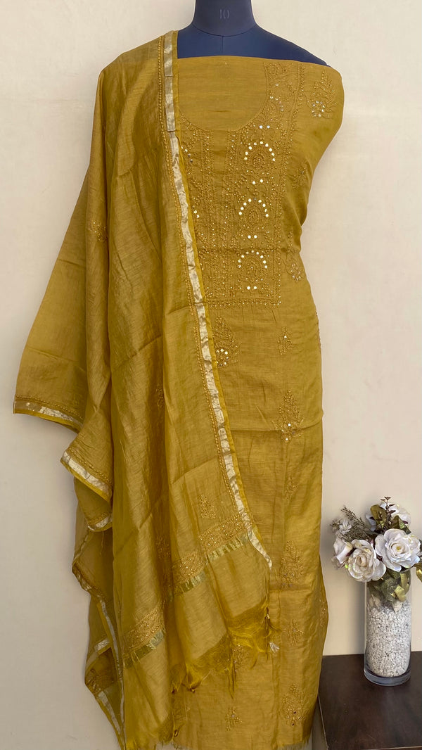 Lucknowi Chikankari Suit Length 2 Piece Mustard Mal Chanderi With Mukaish Work