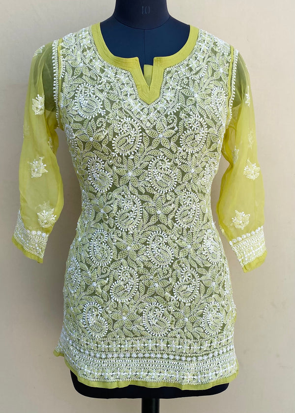 Lucknowi Chikankari Short Kurti Mahndi Green Georgette