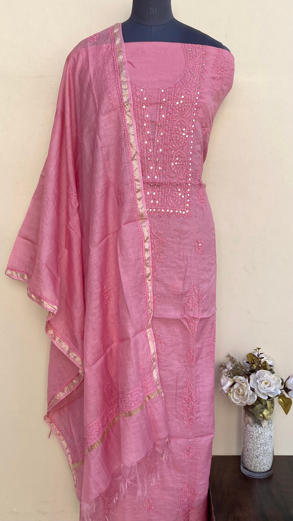 Lucknowi Chikankari Suit Length 2 Piece Pink Mal Chanderi With Mukaish Work