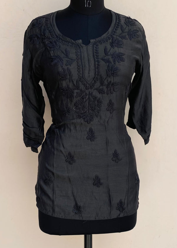 Lucknowi Chikankari Short Kurti Black Muslin Cotton With Self Work