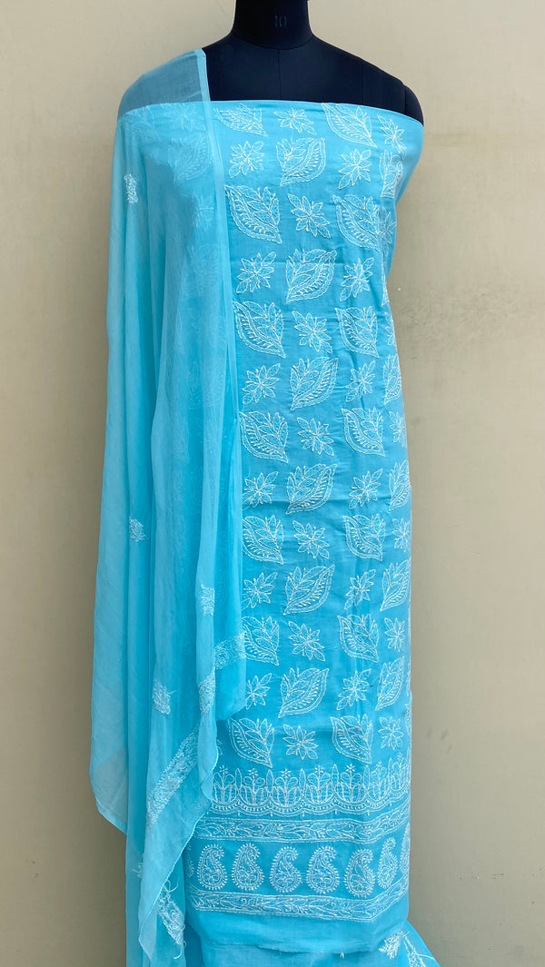 Lucknowi ChikanKari Suit Length 3 Piece Blue Cotton