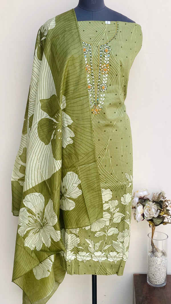Designer Embroidered Suit Length 3 Piece Green Muslin Cotton With Mirror Work
