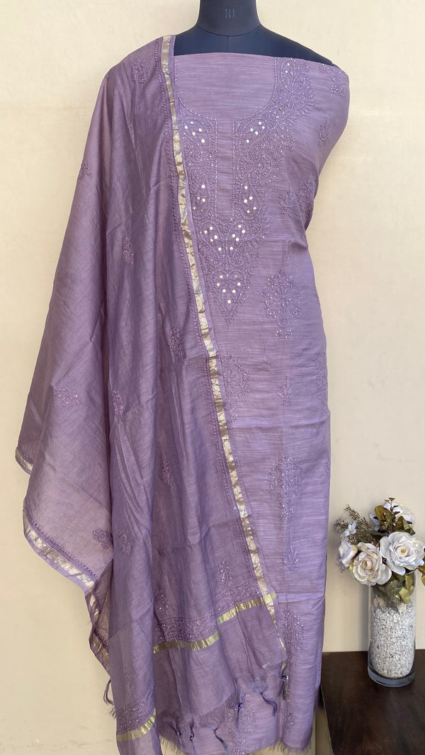 Lucknowi Chikankari Suit Length 2 Piece Purple Mal Chanderi With Mukaish Work