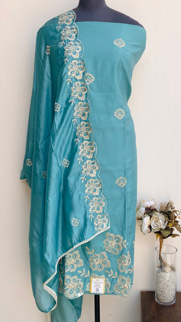 Designer Embroidered Suit Length 3 Piece Aqua Blue Silk