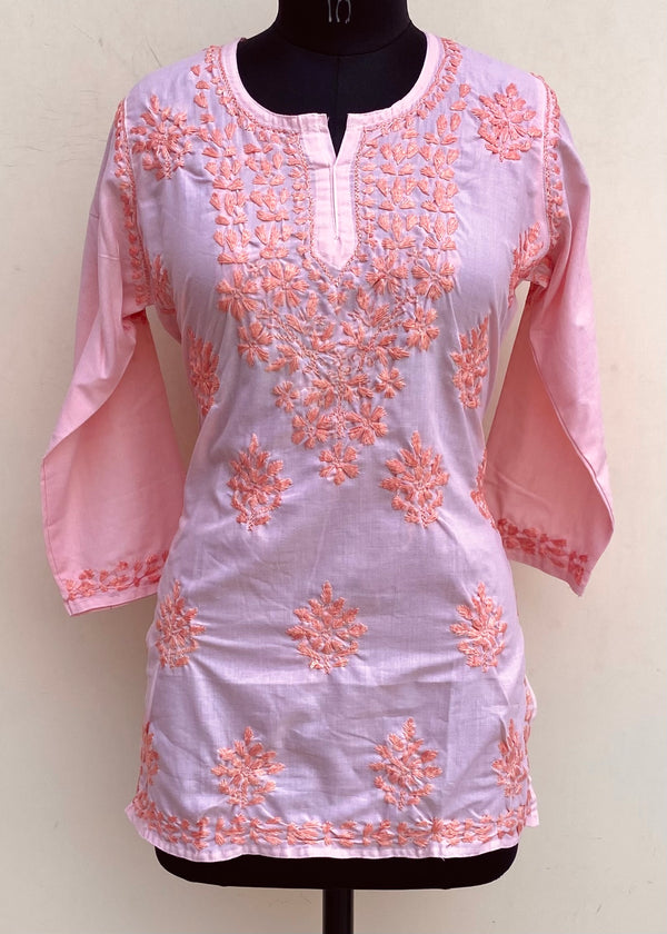 Lucknowi Chikankari Short Kurti Pink Muslin Cotton With Self Work