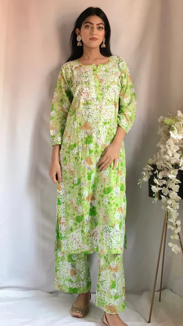 Lucknowi Chikankari Printed Co-ord Set Soft Mulmul