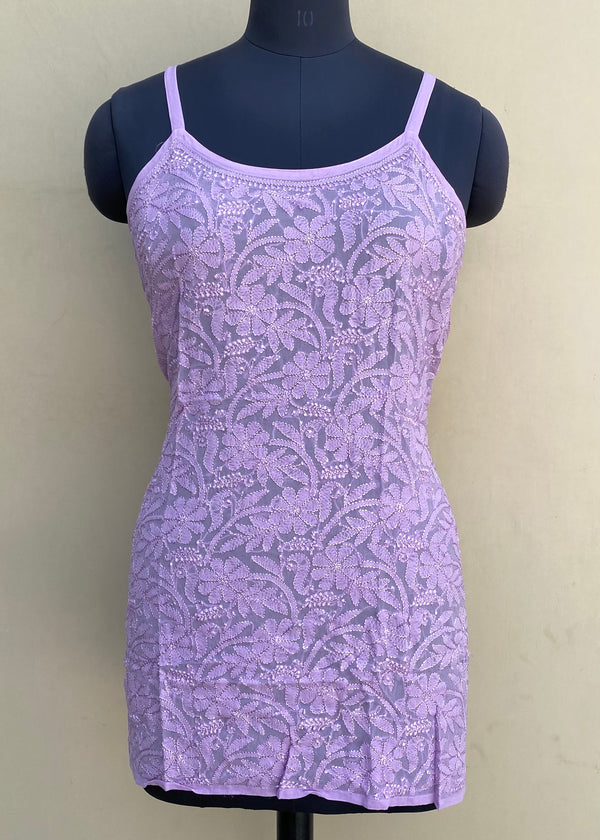 Lucknowi Chikankari Noodle Strap Short Kurti Purple Pure Georgette With Self Resham Work