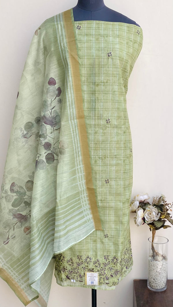 Designer Embroidered Suit Length 3 Piece Green Linen
