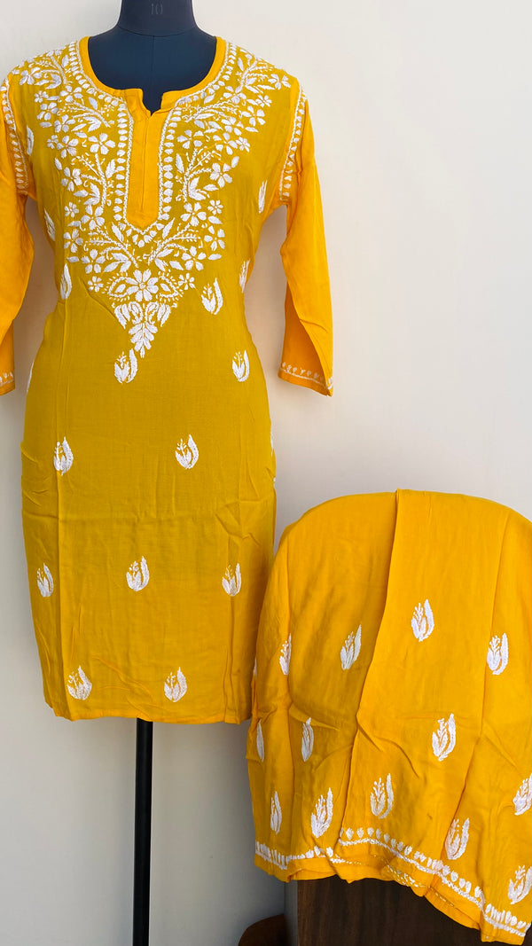 Lucknowi Chikankari Co-ord Set Mustard Modal Cotton