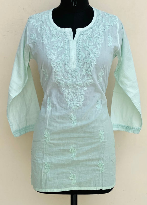 Lucknowi Chikankari Ombre Short Kurti Sea Green Mulmul Cotton With Self Work