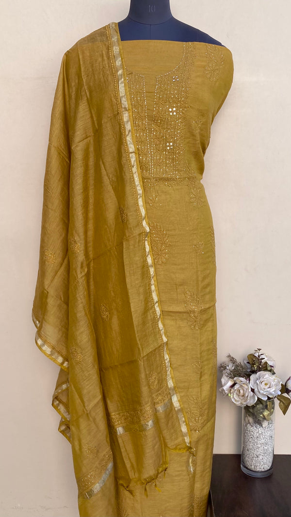 Lucknowi Chikankari Suit Length 2 Piece  Mustard Mal Chanderi With Mukaish Work