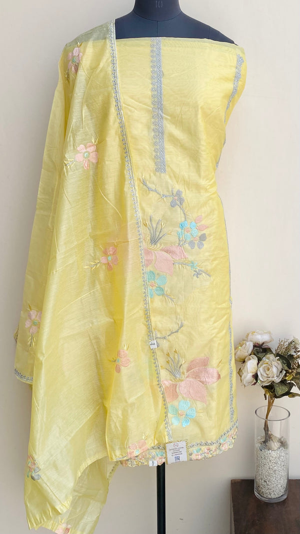 Designer Embroidered Suit Length 3 Piece Yellow Mal Chanderi