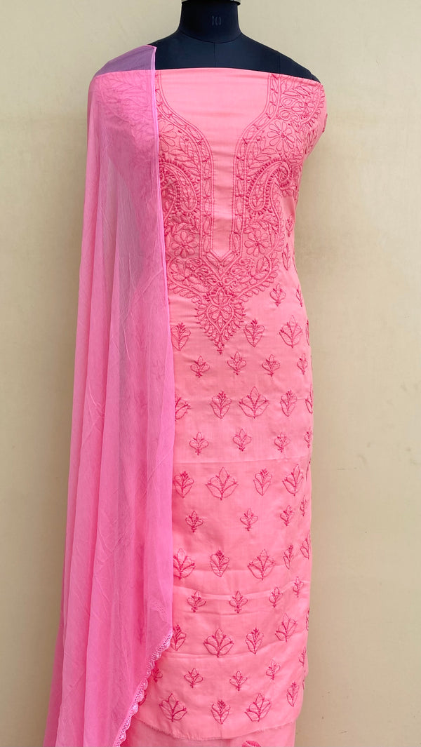 Lucknowi ChikanKari Suit Length 3 Piece Pink Cotton