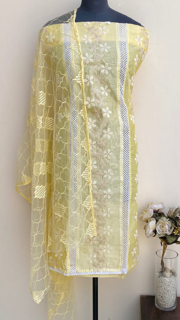 Designer Embroidered Suit Length 3 Piece Yellow Mal Chanderi